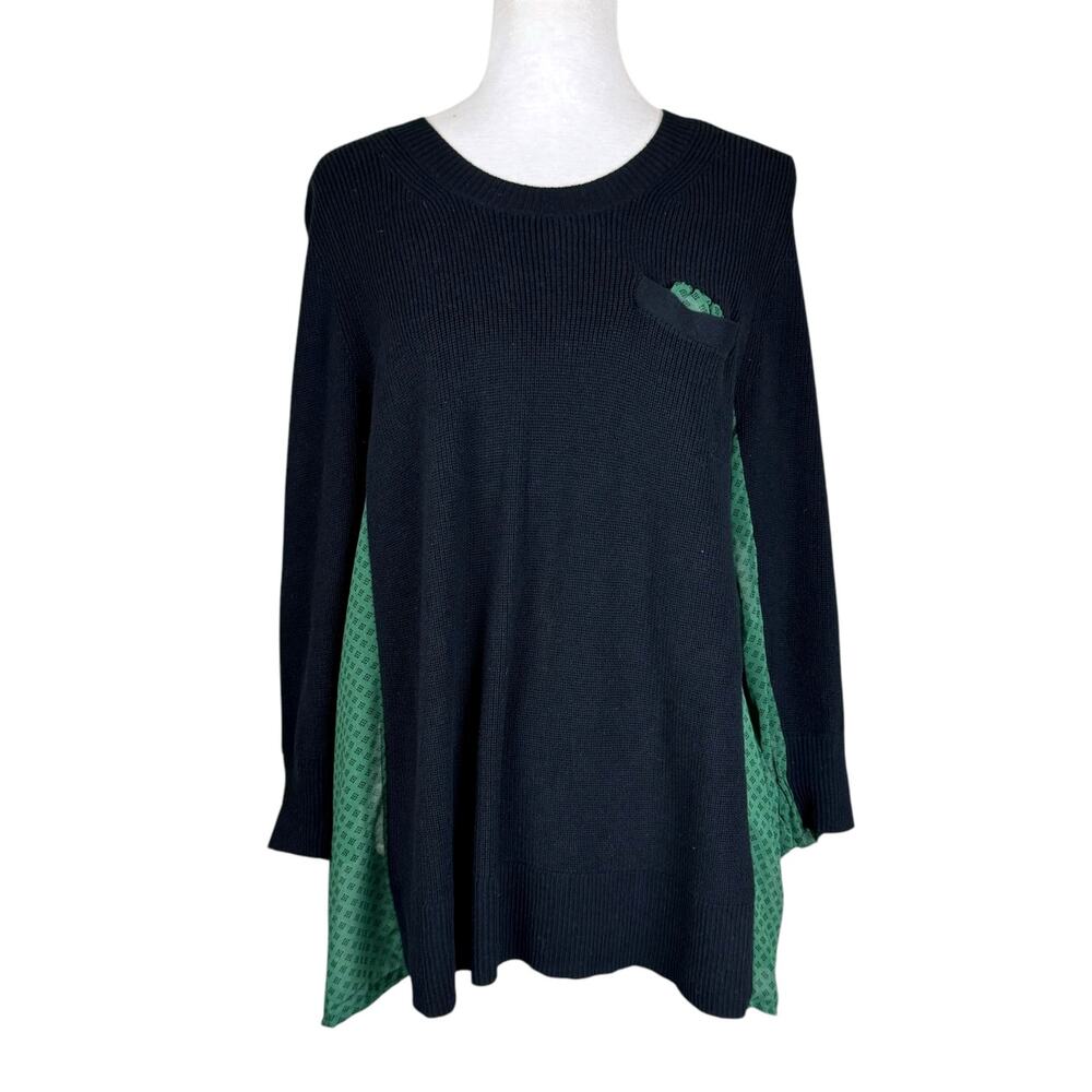 Cabi 3520 Get Together Black Knit Green Geometric Print Chiffon Sweater Top